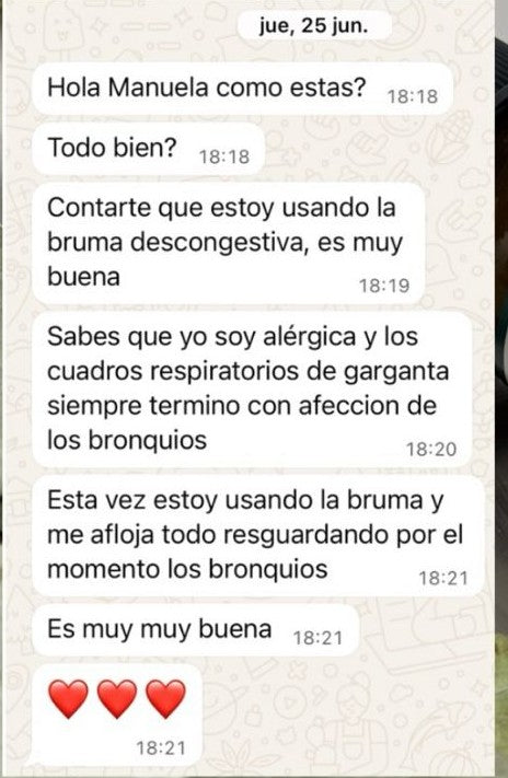 Reseña de cliente sobre Bruma Descongestiva